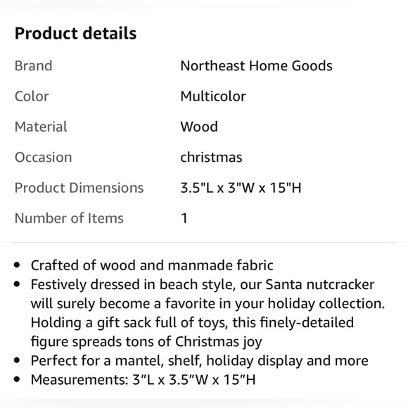 Northeast Home Goods Wooden Christmas Nutcracker Decor, 15-Inch Teal Beach Santa - Picture 2 of 2